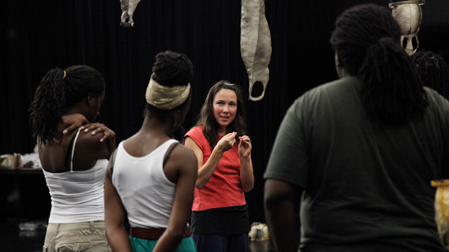 Johnson explains fish skin lantern construction to FAMU's Architectural Design students.