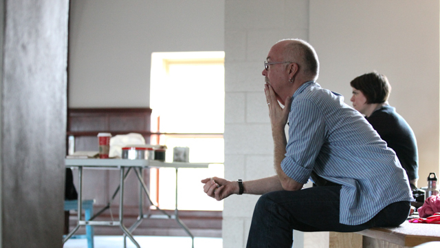 Dramaturge Dan Hurlin and Set Designer Sara Smith watch rehearsal