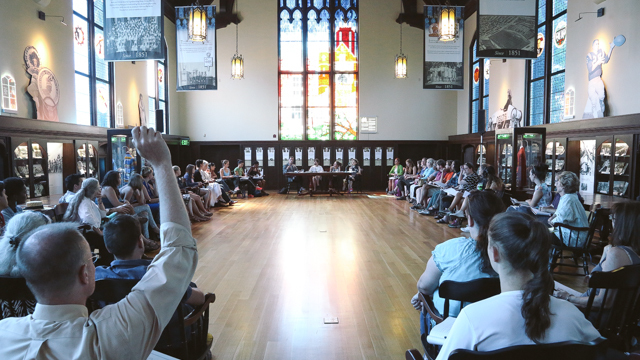 Students and faculty gather in FSU Dodd Hall's Werkmeister Reading Room for Dorvillier's panel