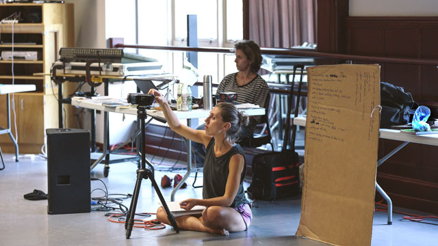 Zeena Parkins and Andreou observing rehearsal