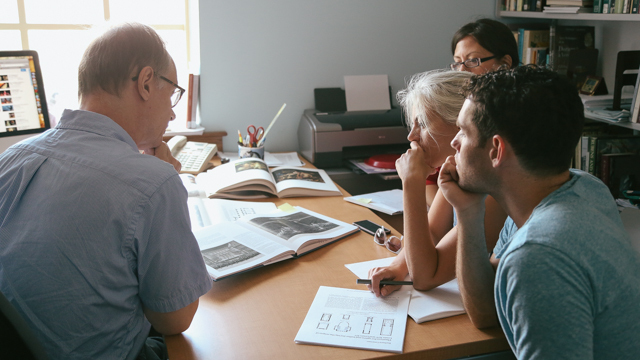 Castro and collaborators discuss performance space with FSU Art Historian Dr. Robert Neuman.