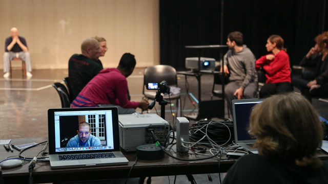 Collaborator Josh Bleill skypes with full cast