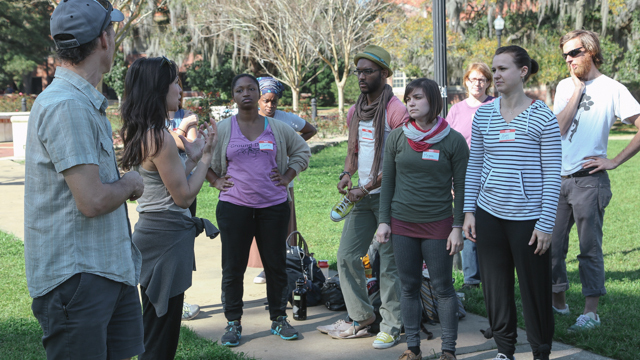 Johnson with collaborators Everest and Eckwall rehearse <i>SHORE</i> on Landis Green