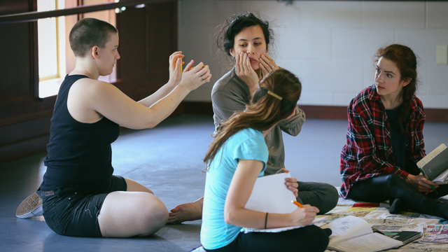 Julia Bither, Aretha Aoki and scribes, Heather Boni and Taylor Ennen in rehearsal