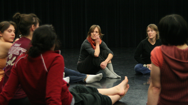 Faulkner and Funsch talk with FSU Dance Students during a Choreographic Workshop.