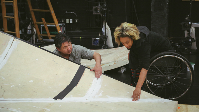 Alice Sheppard and Technical Dir. Joe Fustal inspect ramp.