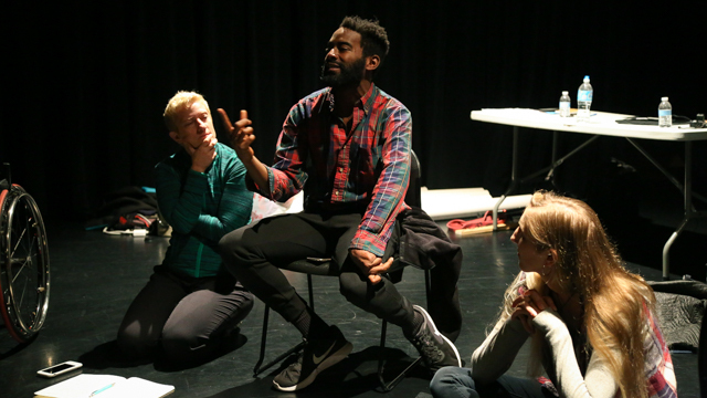 Dancer and writer Jerron Herman speaks during a post-run discussion.