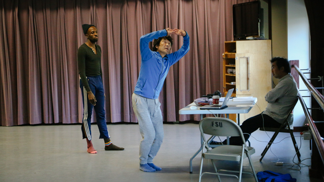 Yamazaki rehearses with Kelly while composer Kenta Nagai watches on