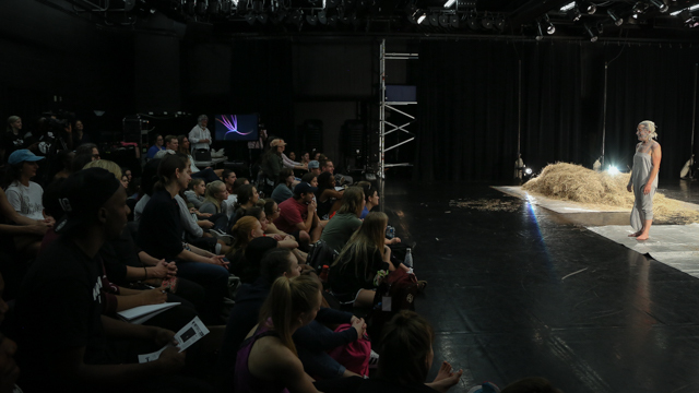 Ann Carlson talks to students after work-in-progress showing