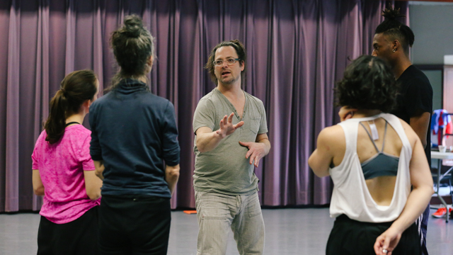 Dramaturg David Brick works with performers Batanero, Wright Roarke, Davidson, and James Raney