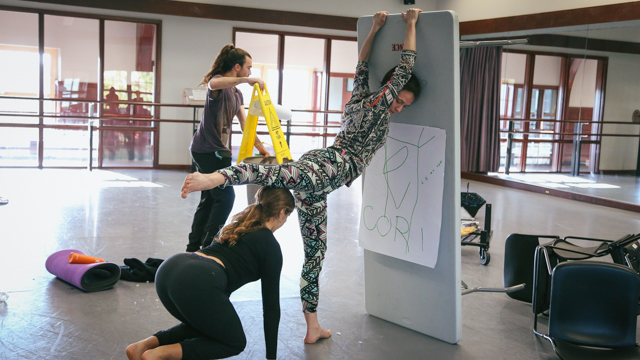 Silas Riener, Jennifer Gonzalez and Cori Kresge rehearsing/improvising for Desire Lines: translation