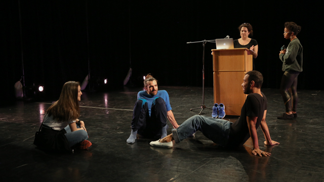 Silas Riener, Rashaun Mitchell and Claudia La Rocco talk with students after their Forum showing. 