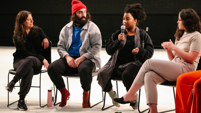 Melanie George (dramaturg) with Westwater, Romania and Tepper in post-showing discussion.