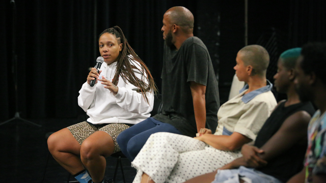 jess pretty answers audience questions after the showing with her collaborators