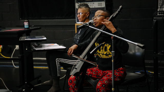 Writer Sharon Bridgforth and collaborator Spirit McIntyre work together in the Black Box studio