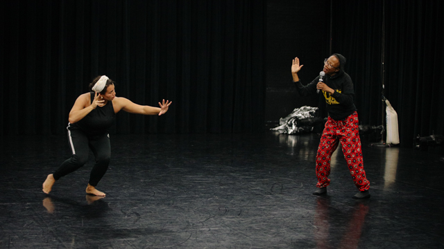 Collaborators Eady and Spirit rehearse in the Black Box studio