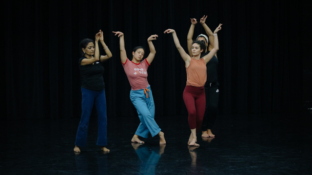 Chatterjea, Ferreira, Chapa, and Eady rehearse in the Black Box studio