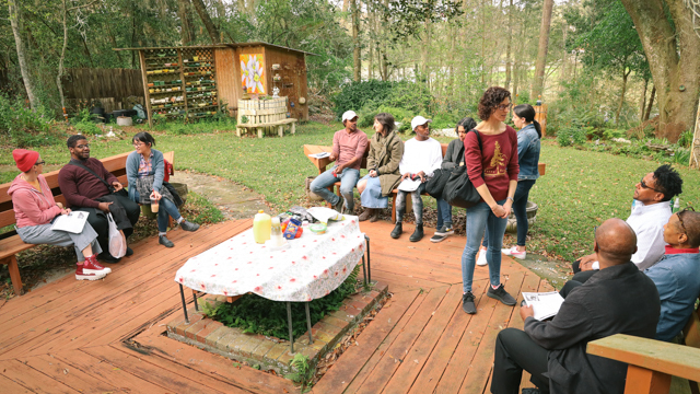 Audience gathers before the work-in-progress showing on the property of Eleanor Dietrich