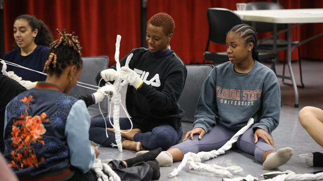 FSU School of Dance students Nyasia Rodriguez, Celine Seiber, Ceylon Seiber, and Kameron Chatman at<br>the ROOTS Party