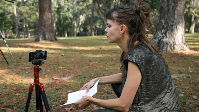 Kotze speaking with remote collaborator in residence, composer Ryan Seaton.