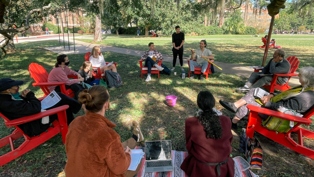 Gan, Lim, and Kimitch (center) speaking with FSU School of Dance faculty and students