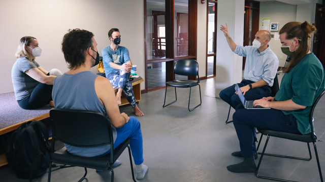 Search-Wells, Wells, and Johnson speak with FSU Psychology Professor Dr. Michael Kaschak while<br>MANCC Research Associate Scott Lindenberg takes notes