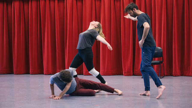 Wells, Search-Wells, and Johnson engaged in a movement score during their Work in Process Showing