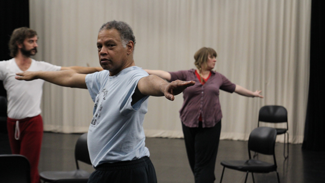 Luke George, Ishmael Houston-Jones and Hilary Clark in rehearsal.