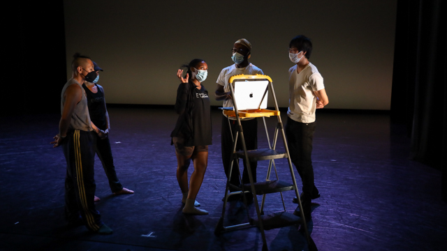 Salango, Chronopoulos, Watson, Burns and Tsubasa Kamei on a zoom call in the theatre