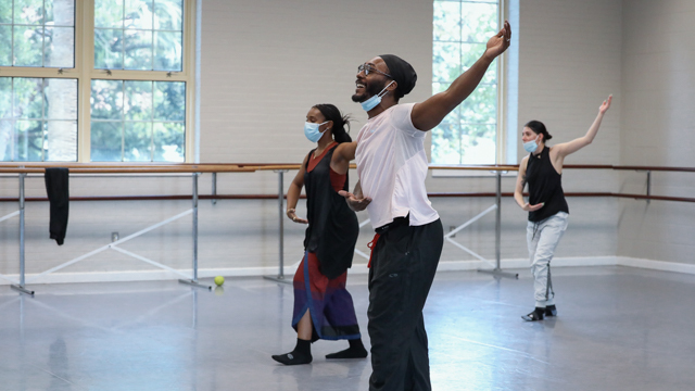 Watson, Demetrius Burns and Chronopoulos rehearse in the studio