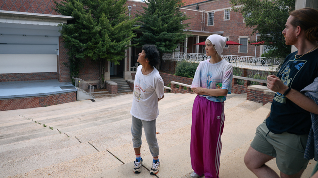 Yamazaki, Nishimura, and Scott Lindenberg in discussion at the Owen Sellers Amphitheater