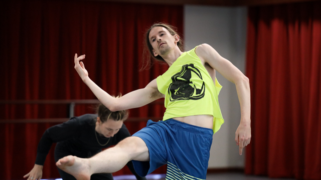 Judkins and Morley move through choreography in the dance studio