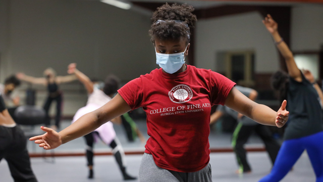 FSU School of Dance student Taylor West rehearses with Dianne McIntyre and dancers