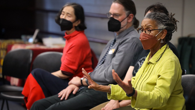 Bebe Miller shares her thoughts during the dialogue portion of the symposium session