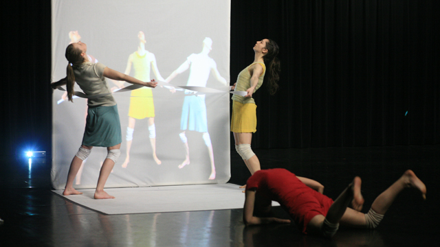 Performers Denisa Musilova, Elyssa Dole and Savina Theodorou rehearse <i>Hungry Kite</i>.