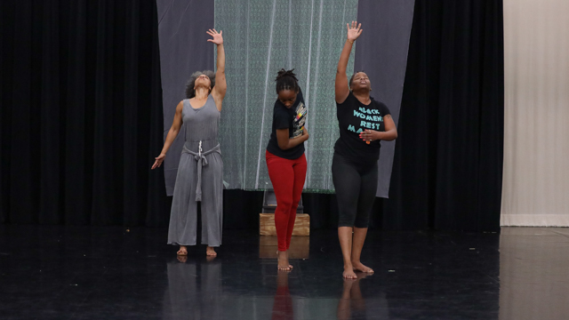 Parker, George and Speis rehearse <em>Divination Tools: imagine home</em>