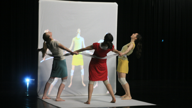 Performers Denisa Musilova, Elyssa Dole and Savina Theodorou rehearse <i>Hungry Kite</i>.