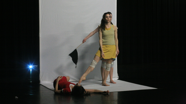 Performers Denisa Musilova, Elyssa Dole and Savina Theodorou rehearse <i>Hungry Kite</i>.