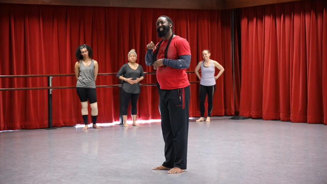 Antoine Hunter addresses the audience during the work in progress showing