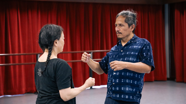 Debby Kajiyama and Jose Ome Navarrete Mazatl move in the studio during their MANCC site visit