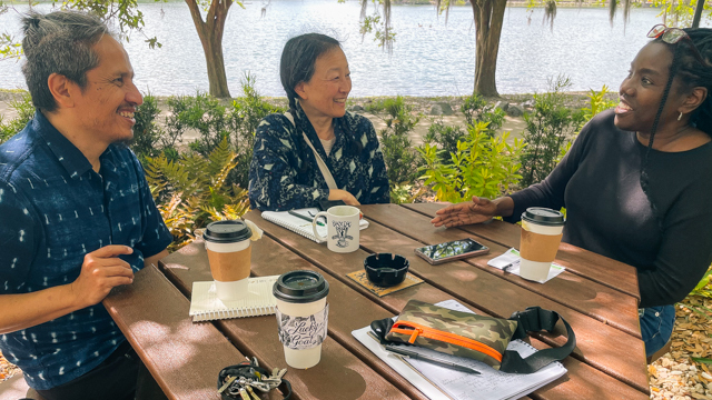 NAKA Dance Theater’s co-founders, Jose Ome Navarrete Mazatl and Debby Kajiyama, meet with<br>Dr. Felecia Jordan, FSU Communications Professor