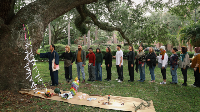 Iwashita leads FSU students and community members in a guided walk ending at the black box theater