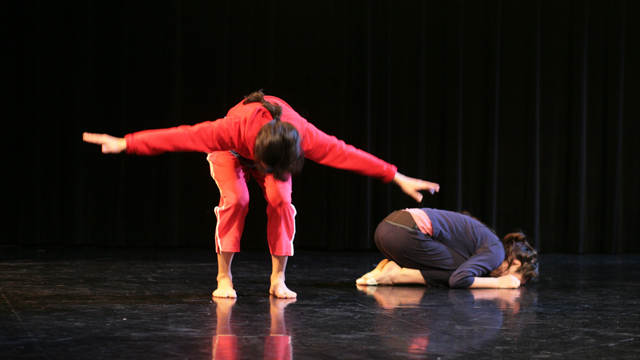 Aretha Aoki and Emily Johnson rehearse in the Black Box Studio.