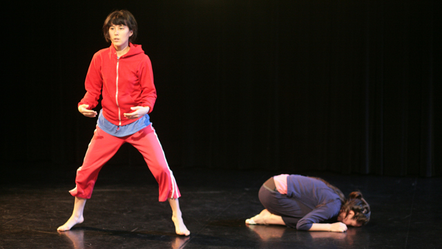 Aretha Aoki and Emily Johnson rehearse <i>Niicugni</i> in the Black Box Studio.