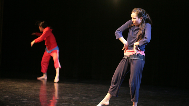 Aretha Aoki and Emily Johnson rehearse <i>Niicugni</i> in the Black Box Studio.