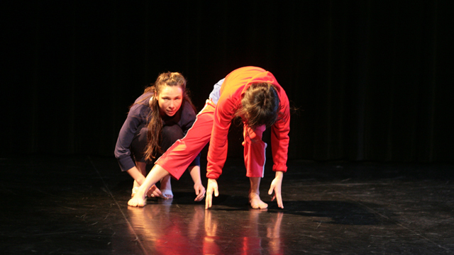 Aretha Aoki and Emily Johnson rehearse <i>Niicugni</i> in the Black Box Studio.