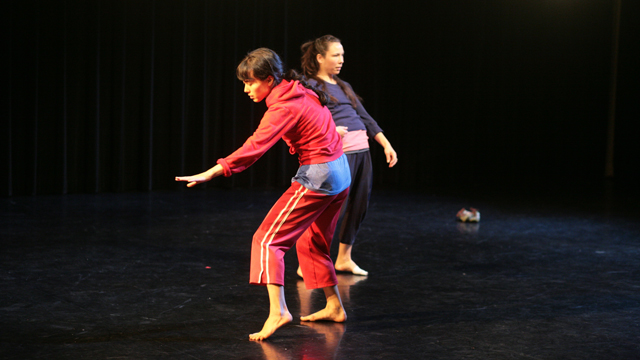 Aretha Aoki and Emily Johnson rehearse <i>Niicugni</i> in the Black Box Studio.