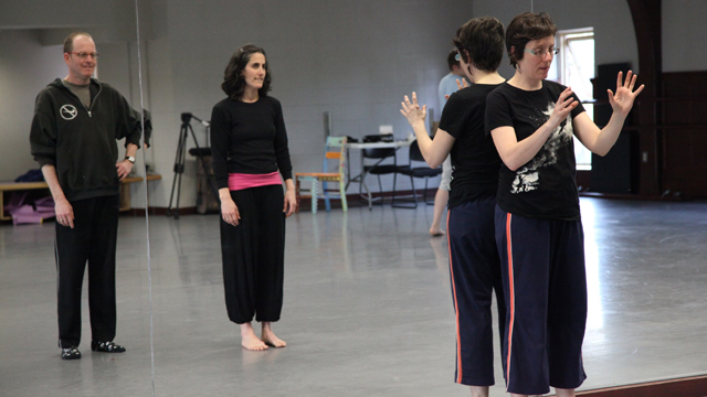 Mayer directs performers Charles Campbell, Angharad Davies, and Elliott Durko Lynch